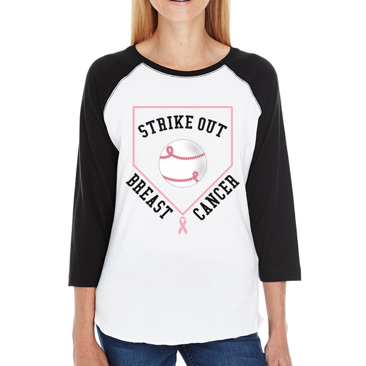 Strike Out Breast Cancer Baseball Womens Black And White BaseBall Shirt