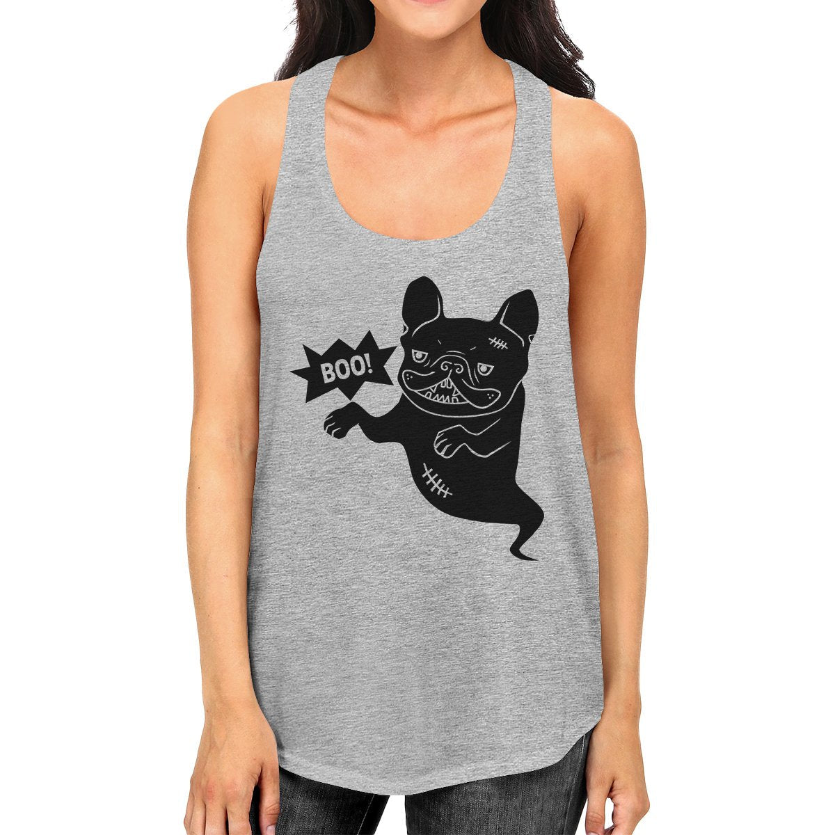 Boo French Bulldog Ghost Womens Grey Tank Top