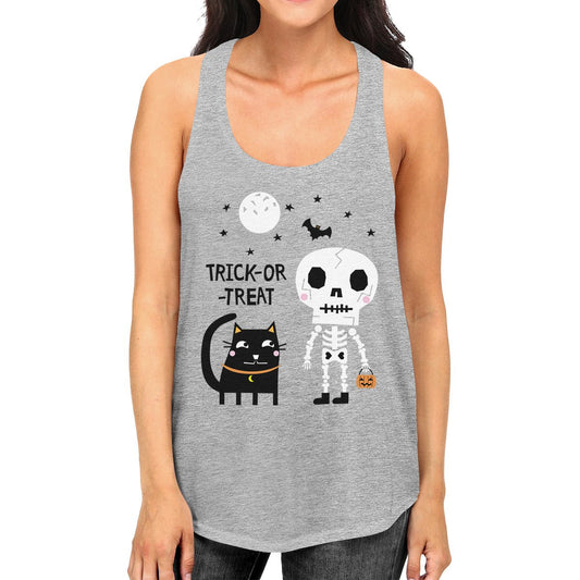 Trick-Or-Treat Skeleton Black Cat Womens Grey Tank Top