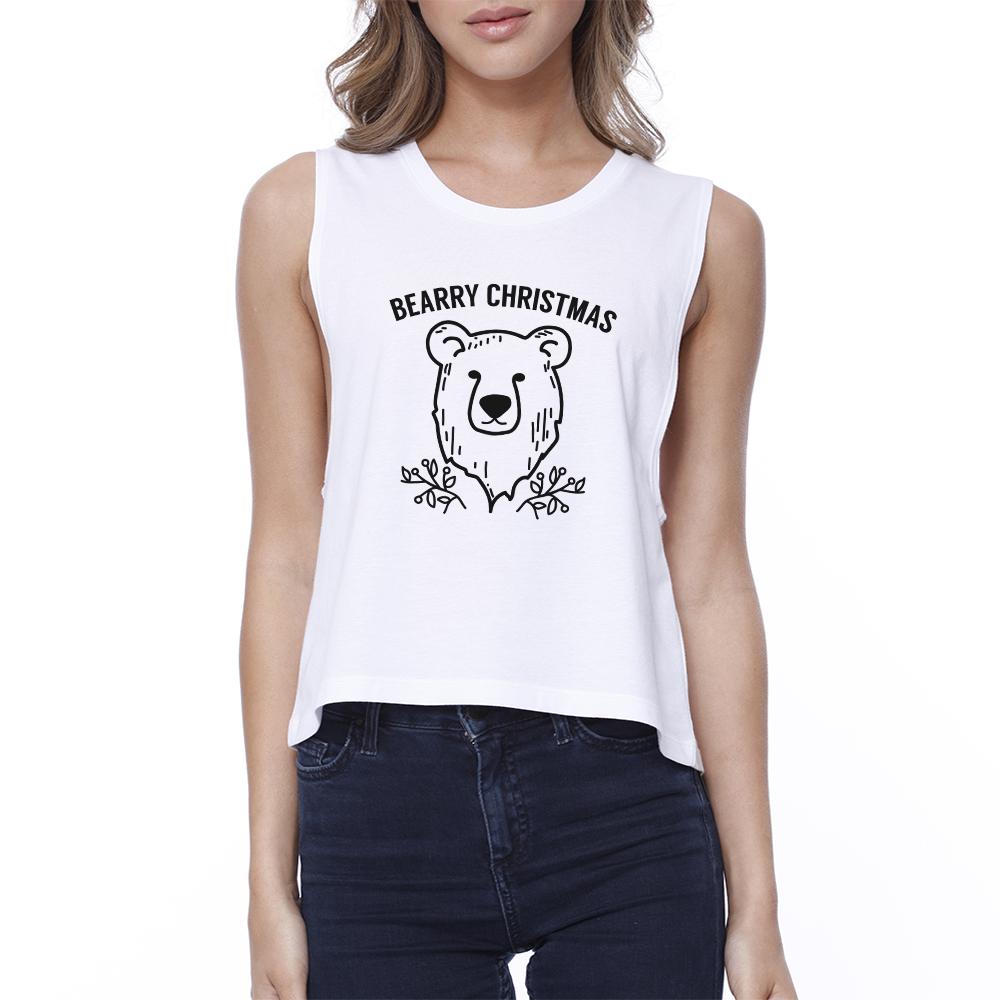 Bearry Christmas Bear Womens White Crop Top