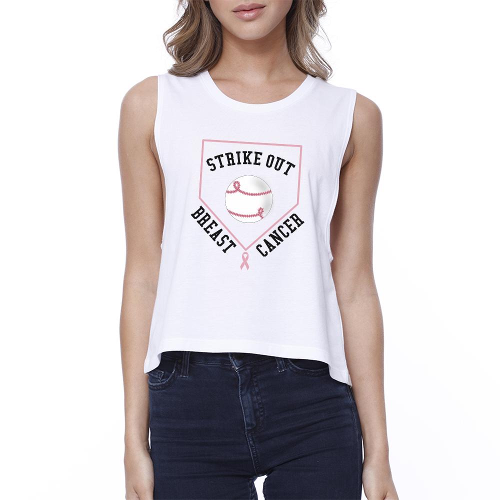 Strike Out Breast Cancer Baseball Womens White Crop Top