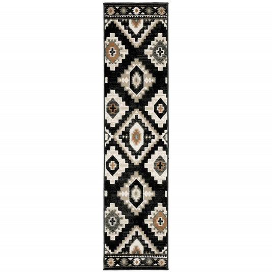 2' X 8' Black Grey Tan Orange And Ivory Southwestern Power Loom Stain Resistant Runner Rug