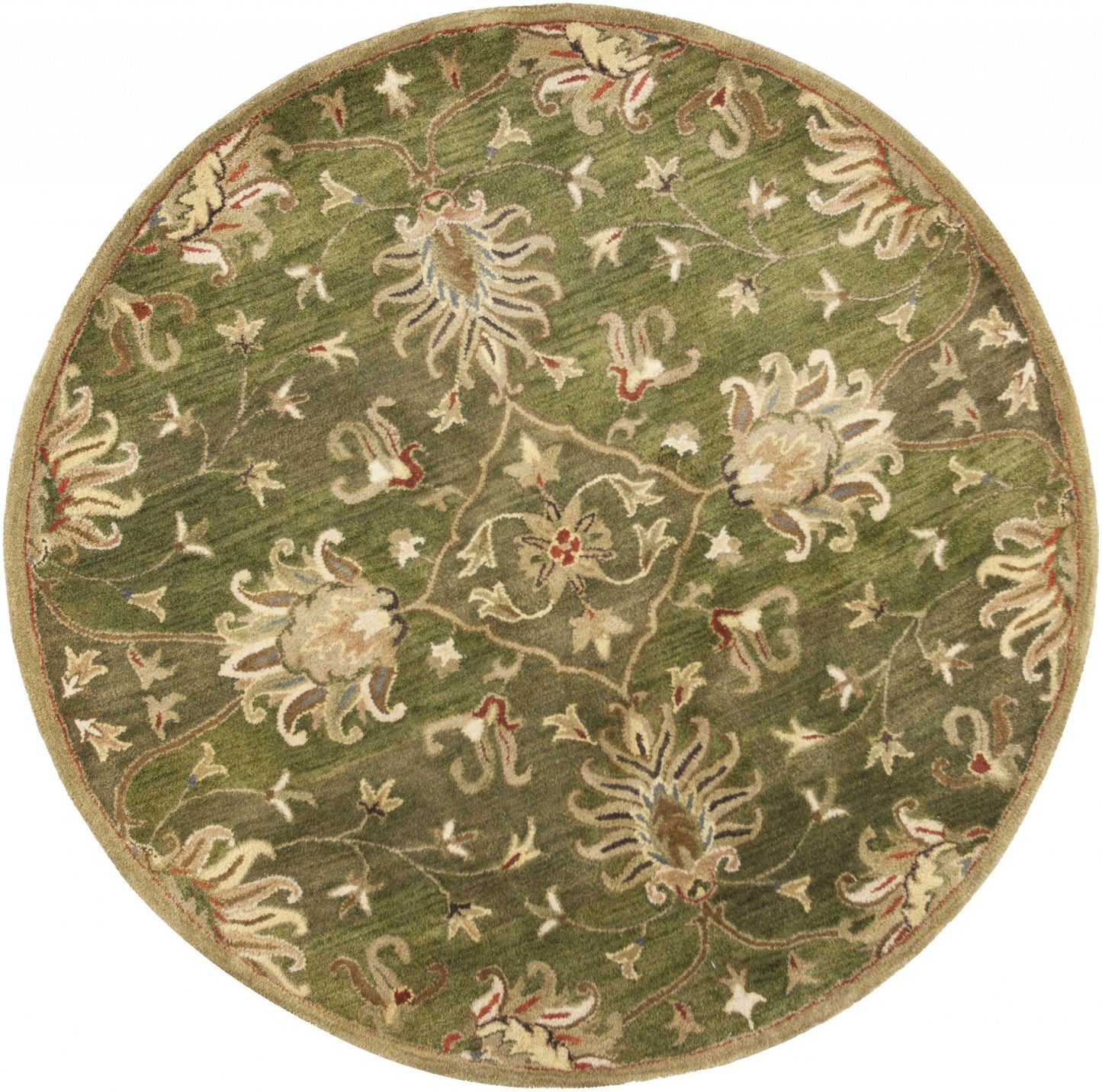 5' Round Emerald Green Floral Vine Wool Indoor Area Rug