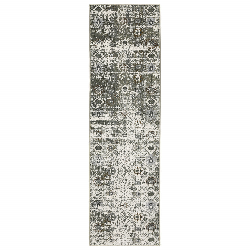 2' X 8' Ivory Grey Charcoal Rust Gold And Brown Oriental Power Loom Stain Resistant Runner Rug