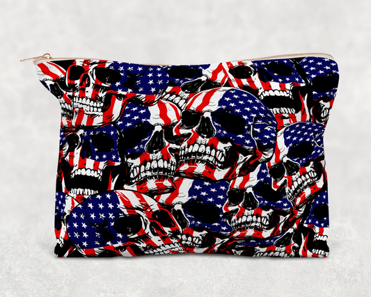 American Flag Skulls  Printed Canvas Zipper Bag