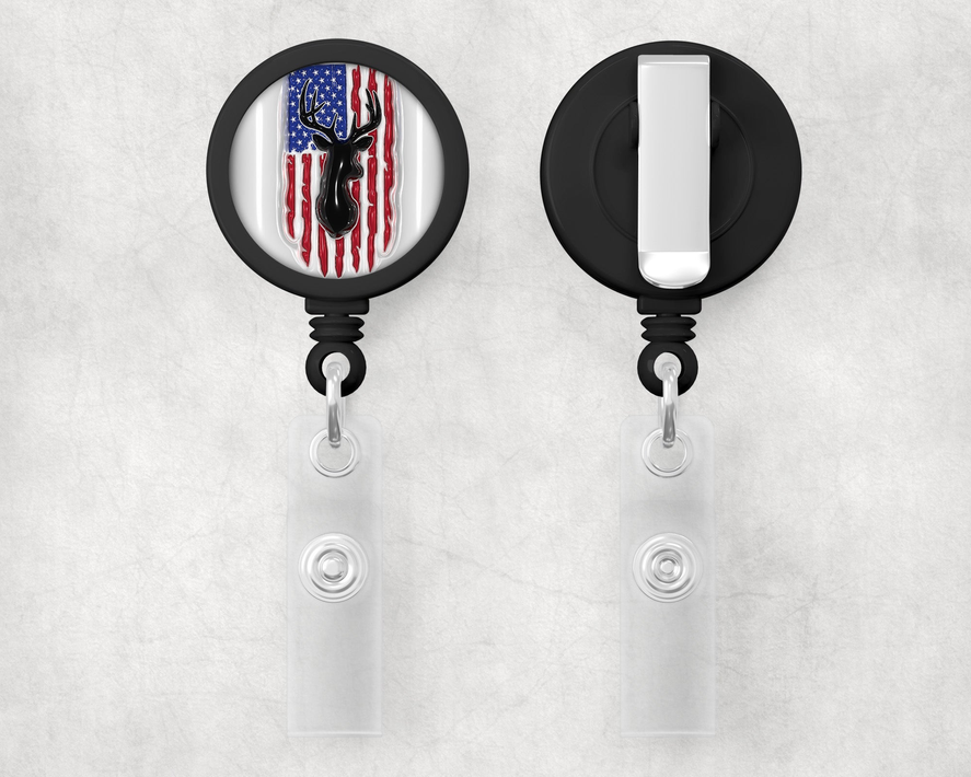 American Flag Deer 1" Retractable Badge Reel