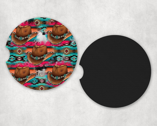 Aztec Cowboy Hats Neoprene Car Coaster Set