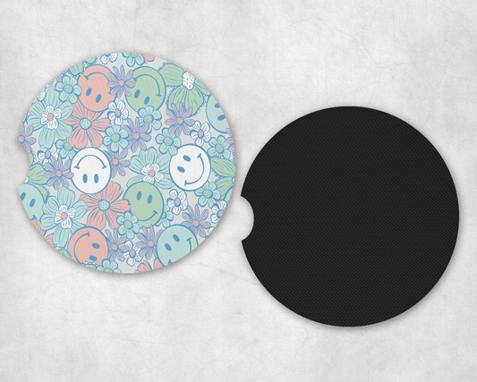 Retro Daisy Smile Neoprene Car Coaster Set