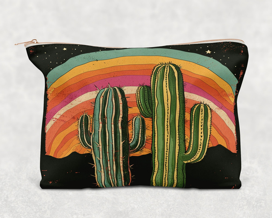 Retro Cactus Printed Canvas Zipper Bag