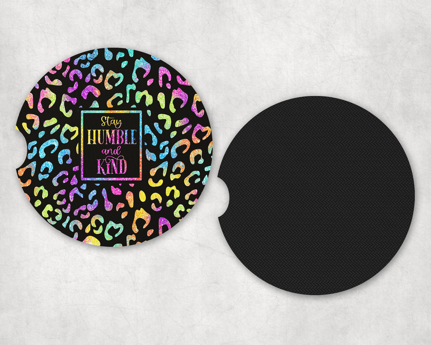 Stay Humbler and Kind Rainbow Leopard Print Neoprene Car Coaster Set