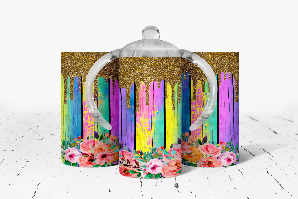 Rainbow Floral faux glitter Drip  Insulated Kids Dual Lid Sippy Cup Tumbler