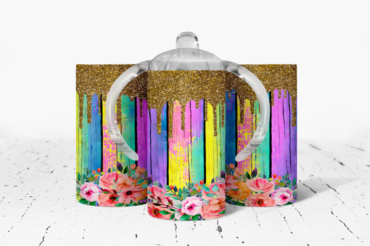 Rainbow Floral faux glitter Drip  Insulated Kids Dual Lid Sippy Cup Tumbler