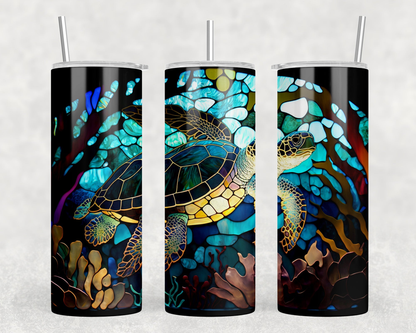 Stained Glass Sea Turtles|Skinny Tumbler|Optional Bluetooth Speaker| Speaker Color Varies