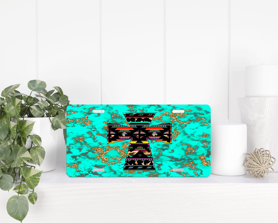 Turquoise Aztec Cross License Plate