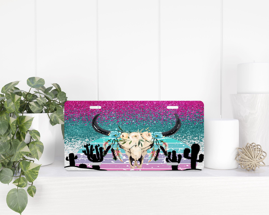 Sunset Bull Skull License Plate