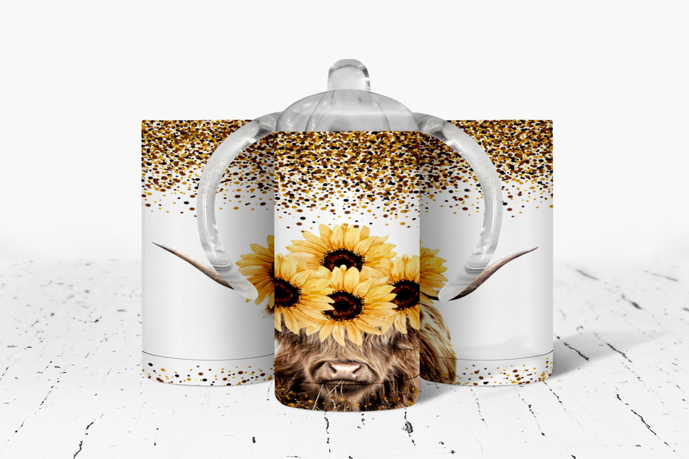 Sunflower Highland Cow Insulated Kids Dual Lid Sippy Cup Tumbler