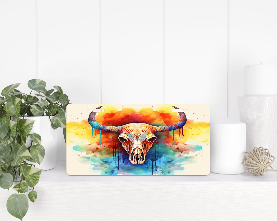 Watercolor Bull Skull License Plate