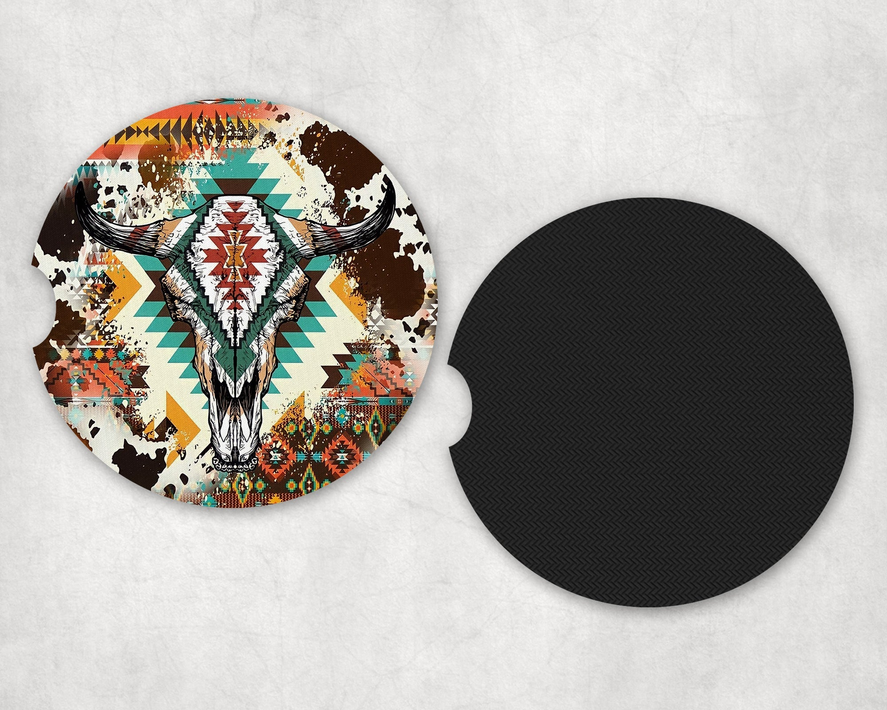 Western Aztec Bull Skull|Car Coaster Set