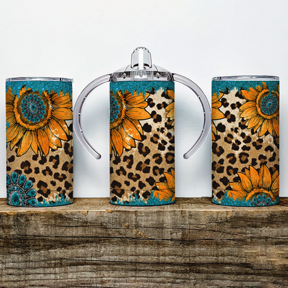 Leopard Print Sunflower Insulated Kids Dual Lid Sippy Cup Tumbler