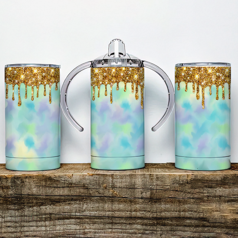 Pastel faux glitter Drip Insulated Kids Dual Lid Sippy Cup Tumbler