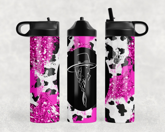 Pink Cow Print Cowgirl Steel Water Bottle