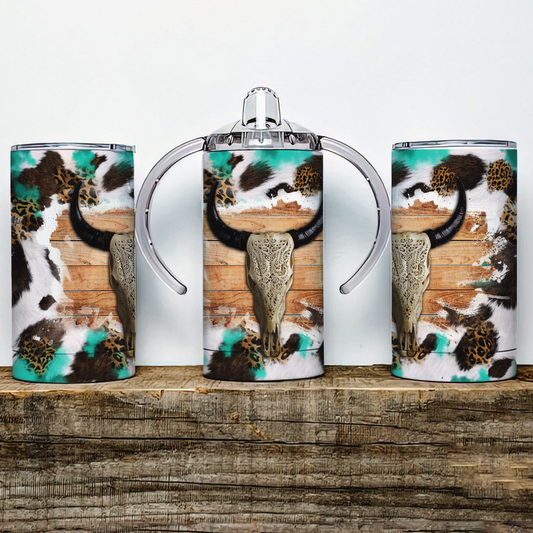 faux cowhide Bull Skull Insulated Kids Dual Lid Sippy Cup Tumbler