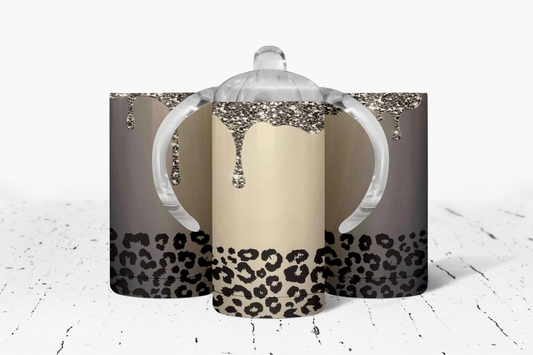 Leopard faux glitter Drip Insulated Kids Dual Lid Sippy Cup Tumbler