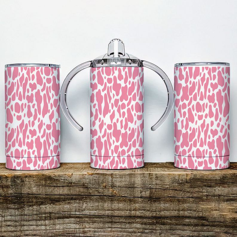 Pink Cow Print Insulated Kids Dual Lid Sippy Cup Tumbler