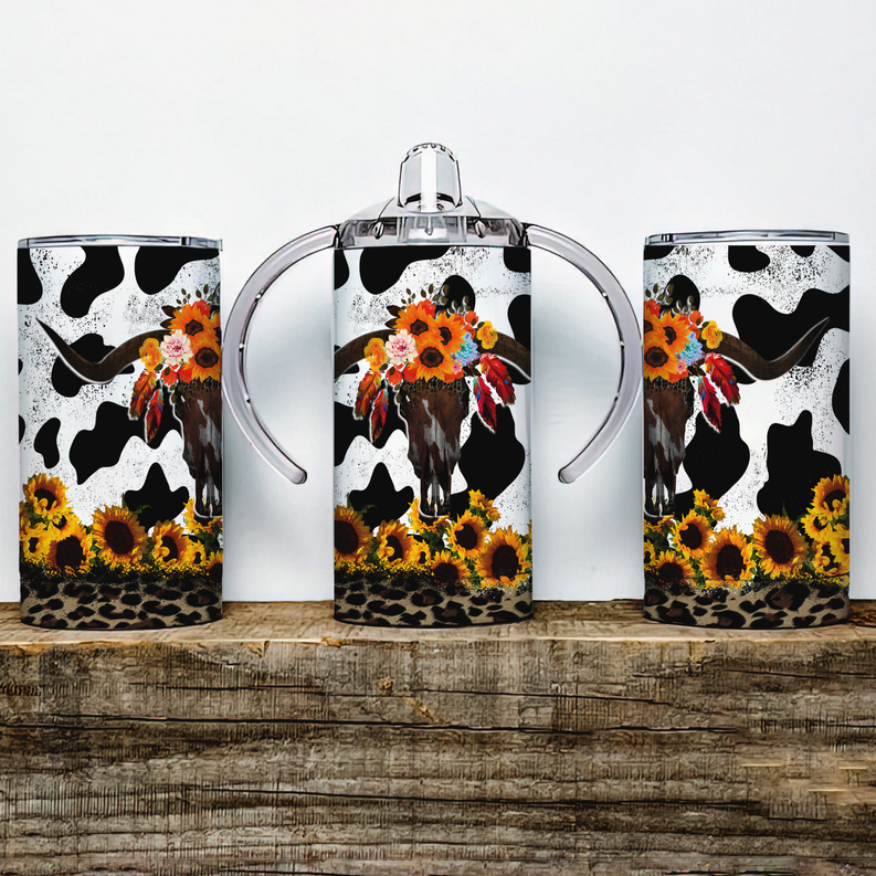 Cow Print Bull Skull Insulated Kids Dual Lid Sippy Cup Tumbler