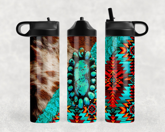 faux cowhide Aztec Turquoise Steel Water Bottle