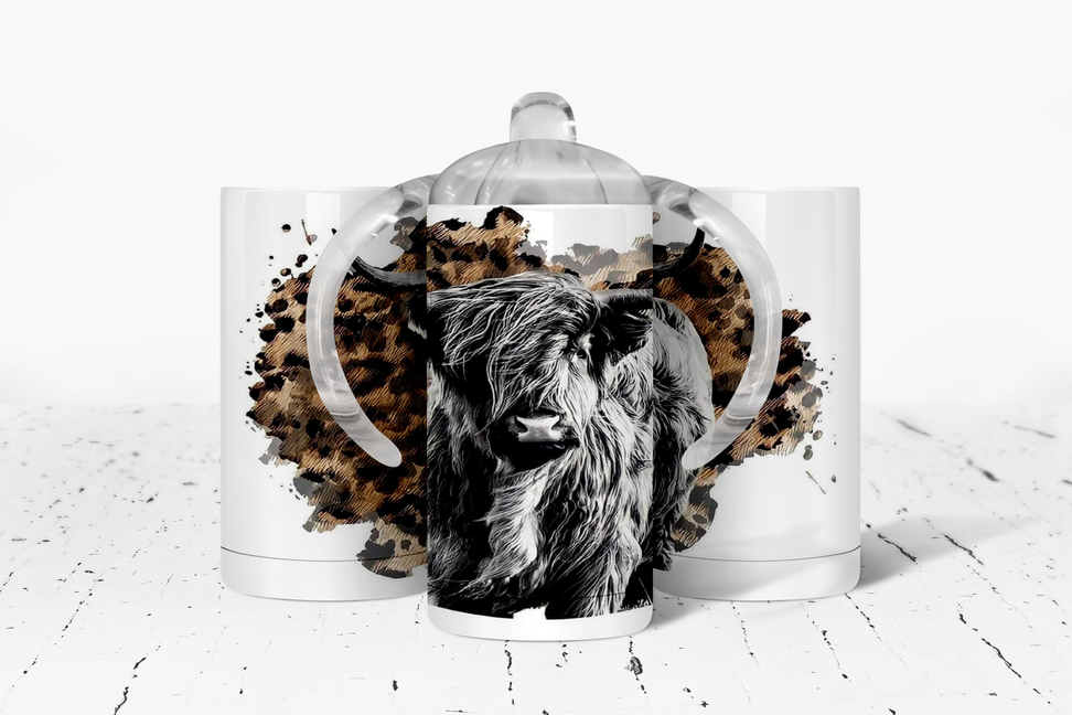 Leopard print highland Cow Insulated Kids Dual Lid Sippy Cup Tumbler