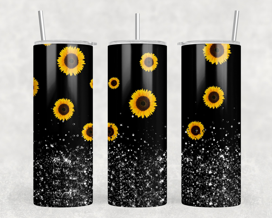 Sunflower faux glitter|Skinny Tumbler|Optional Bluetooth Speaker| Speaker Color Varies