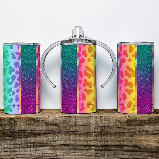 Rainbow Leopard Print Stripes Insulated Kids Dual Lid Sippy Cup Tumbler