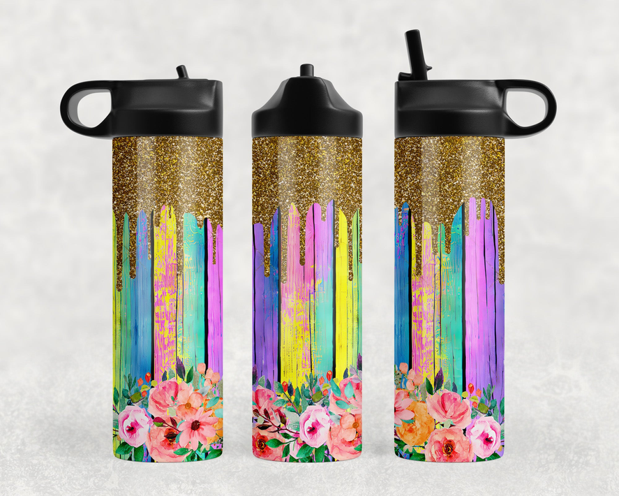 Rainbow Floral faux glitter Drip  Steel Water Bottle