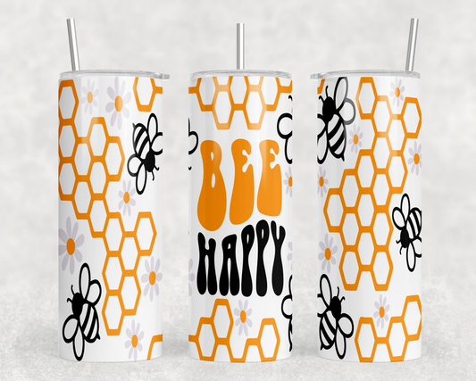 Bee Happy|Skinny Tumbler|Optional Bluetooth Speaker| Speaker Color Varies