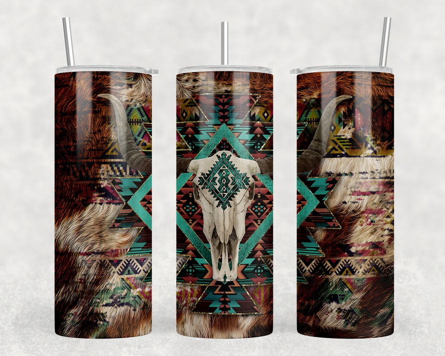 Western Aztec Bull Skull|Skinny Tumbler|Optional Bluetooth Speaker| Speaker Color Varies