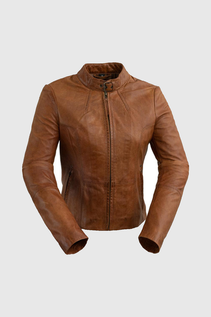 Rexie Womens Fashion Leather Jacket Dark Cognac