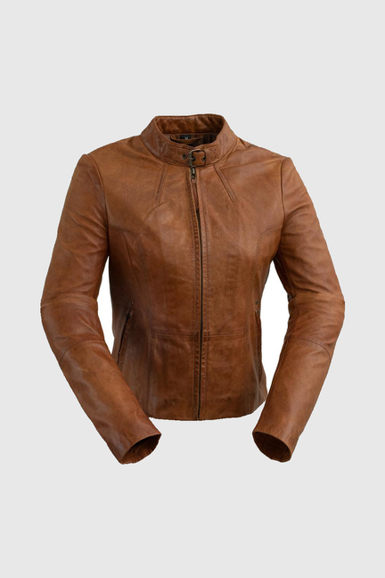 Rexie Womens Fashion Leather Jacket Dark Cognac