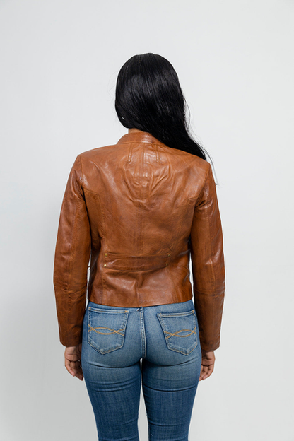 Rexie Womens Fashion Leather Jacket Dark Cognac