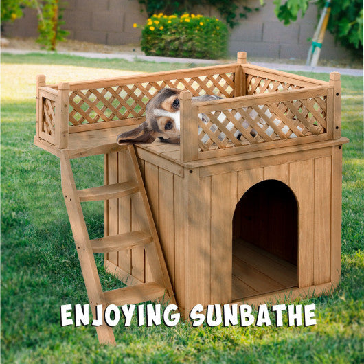 Wooden Dog House with Stairs and Raised Balcony for Puppy and Cat