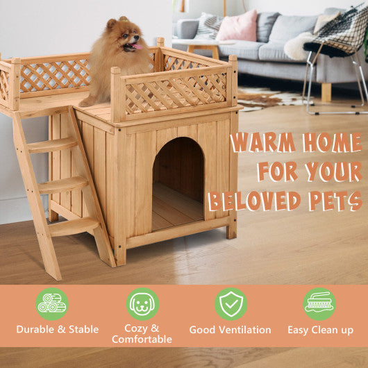 Wooden Dog House with Stairs and Raised Balcony for Puppy and Cat