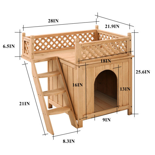 Wooden Dog House with Stairs and Raised Balcony for Puppy and Cat