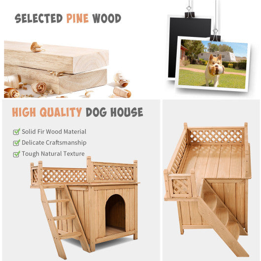 Wooden Dog House with Stairs and Raised Balcony for Puppy and Cat