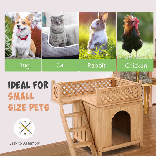 Wooden Dog House with Stairs and Raised Balcony for Puppy and Cat