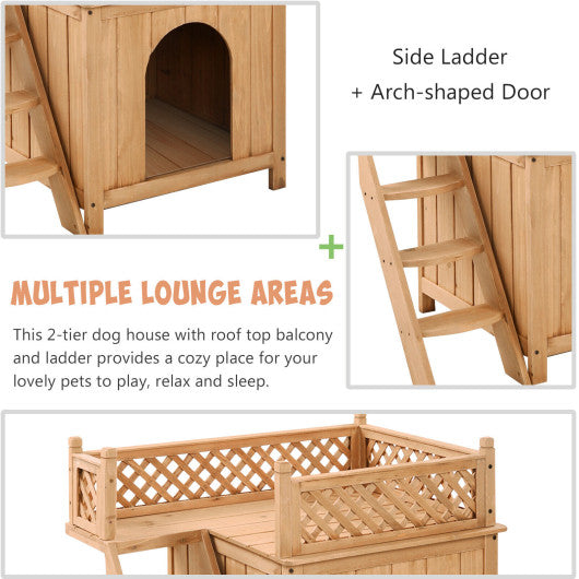 Wooden Dog House with Stairs and Raised Balcony for Puppy and Cat