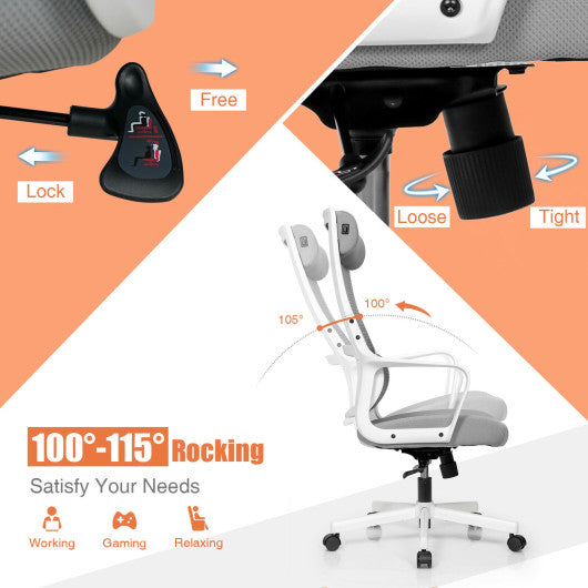 Adjustable Mesh Office Chair with Heating Support Headrest-Gray