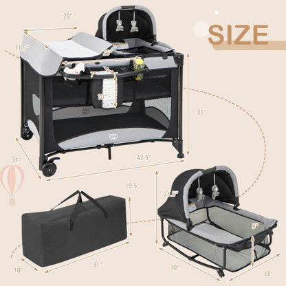 5-in-1 Portable Baby Playard with Cradle and Storage Basket-Black