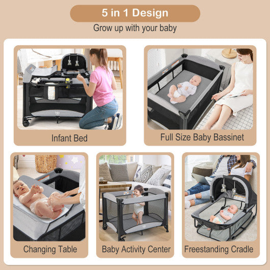 5-in-1 Portable Baby Playard with Cradle and Storage Basket-Black