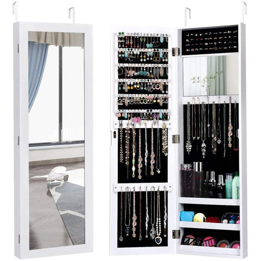 Full Length Mirror Jewelry Cabinet with Ring Slots and Necklace Hooks-White