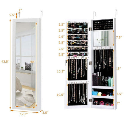 Full Length Mirror Jewelry Cabinet with Ring Slots and Necklace Hooks-White